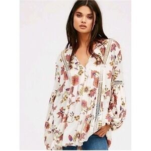 Free People Just The Two Of Us Floral Crochet Tunic Dress XS Boho Bell Sleeve
